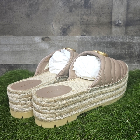 GUCCI Charlotte Matelasse gold GG Marmont logo platform espadrille jute mule - Picture 5 of 14